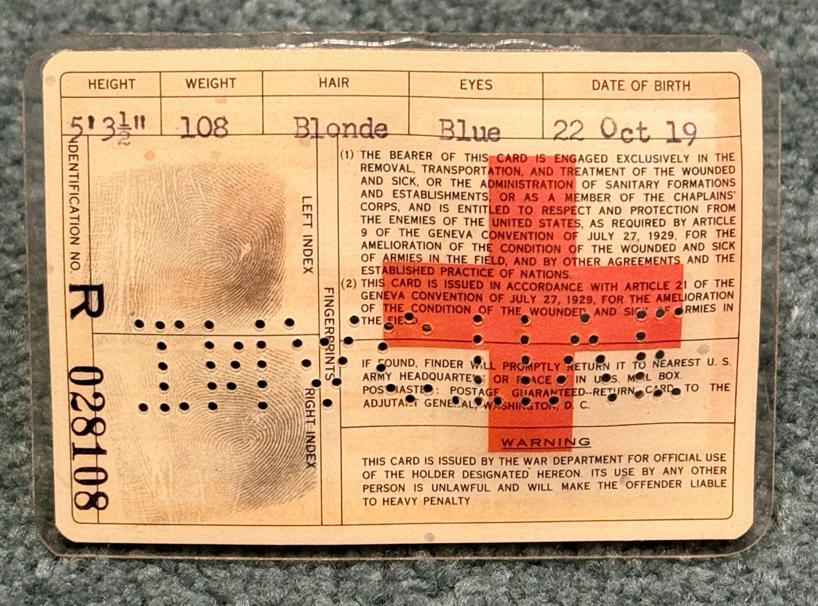 Original WWII US Army Female Nurse ANC Officers ID Card 1945