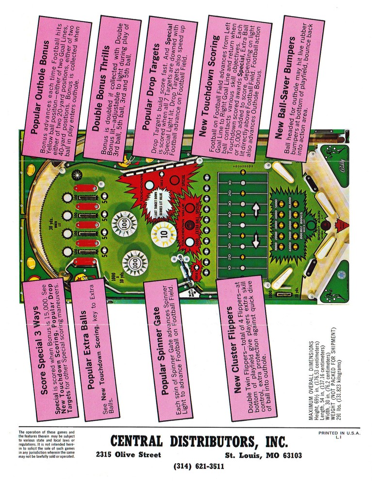 Quarterback Pinball by Bally Flyer / Brochure / Ad /