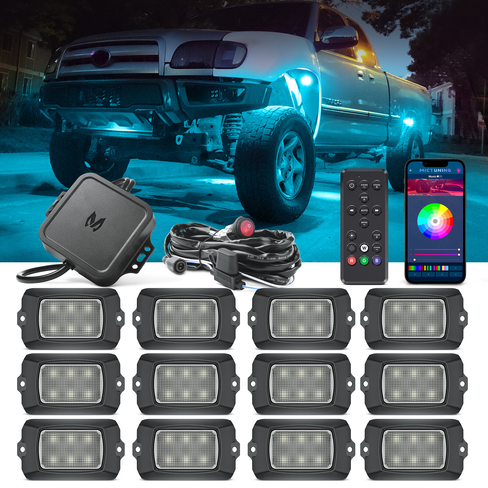 MICTUNING Q1 RGBW LED Rock Lights,12 Pods Underglow Neon Multicolor Lighting Kit