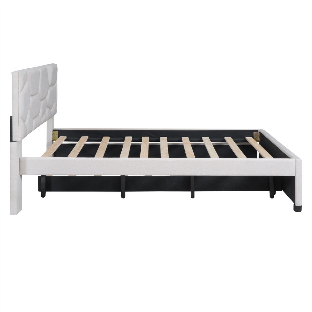 Full/Queen Size Bed Frame Upholstered Platform Bed w/ Headboard Beige/Gray