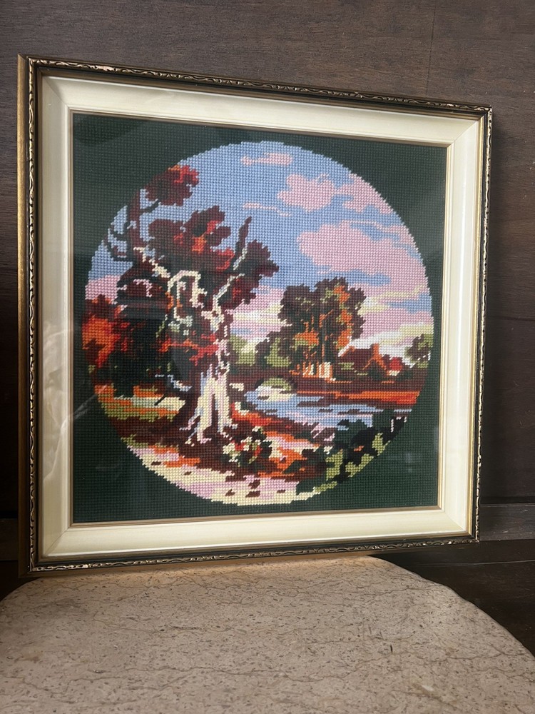 HAND MADE NEEDLE POINT FLORAL WALL HANGING FRAMED IN SOLID WOOD FRAME