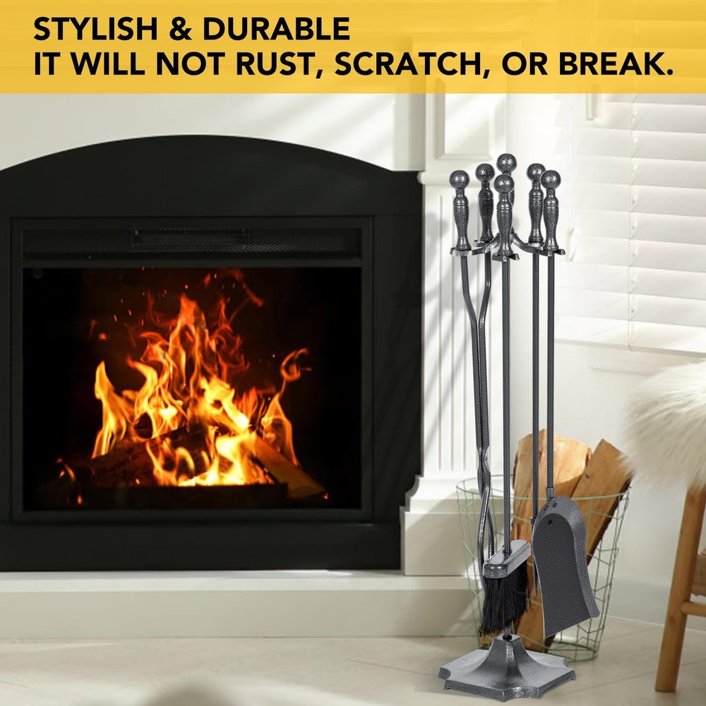 5 Pieces Fireplace Tools Set, Wrought Iron with Silver Pattern Fireplace Acce...