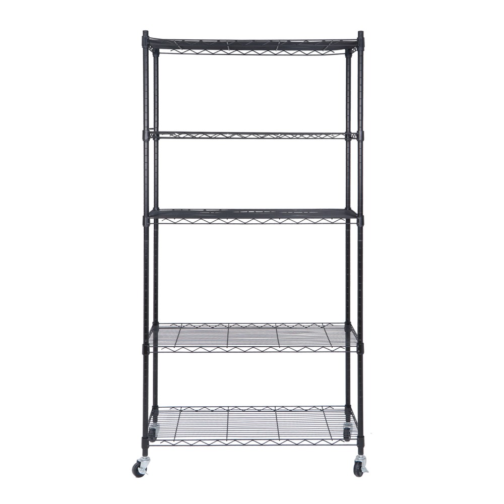 5 Layer Unit Wire Rack Storage Shelf Black Holder Kitchen Display with 4 Wheels