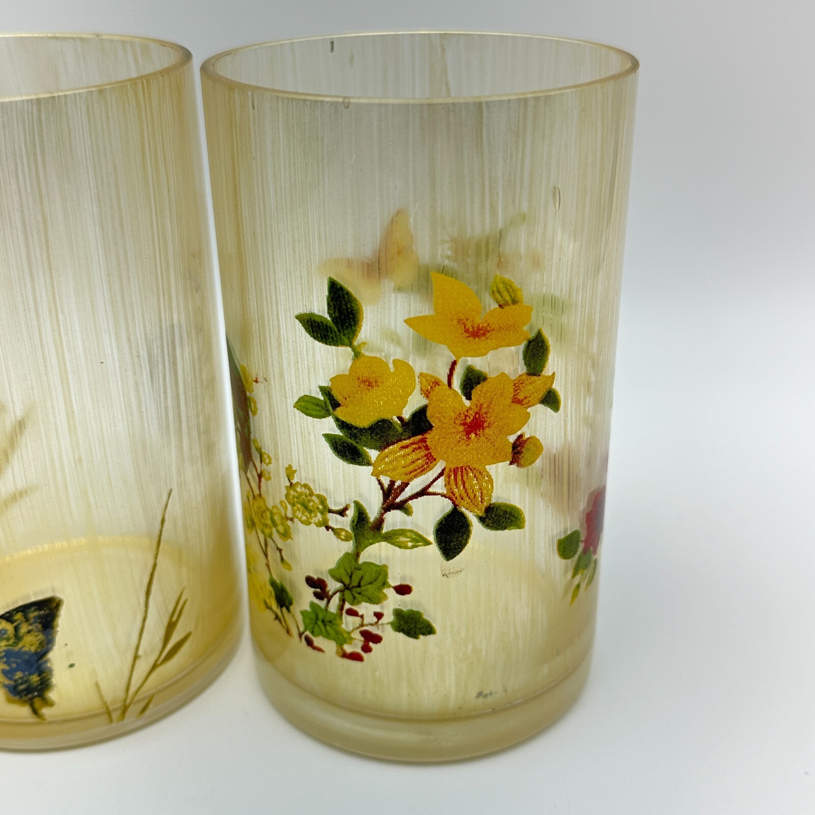 MCM Drinking Glasses Set Butterfly Floral Art Painted 6in Tall Vintage Decor