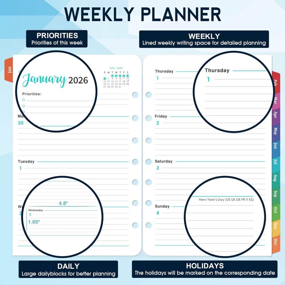 2026 Planner Refills - A5 Planner Inserts with 7-Hole Punched, JAN 2026 - DEC...