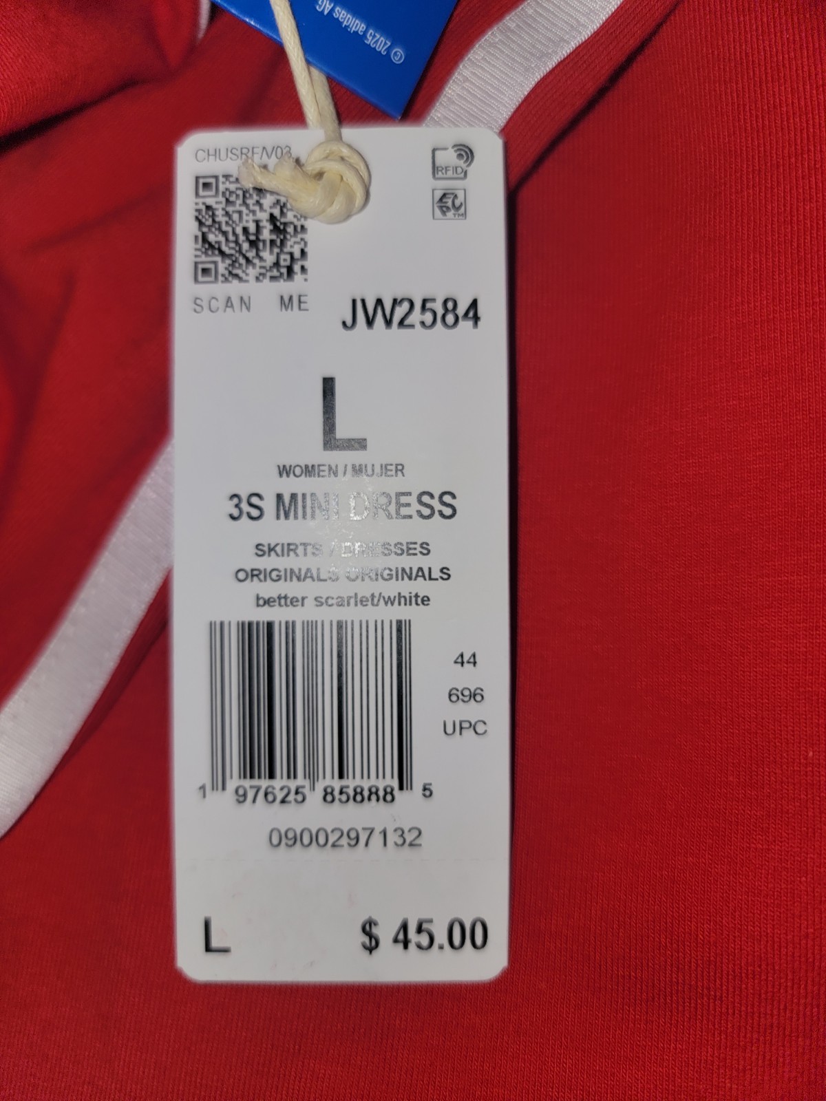 NEW ADIDAS ORIGINALS WOMEN'S TREFOIL MINI DRESS ~ SIZE LARGE #JW2584 RED