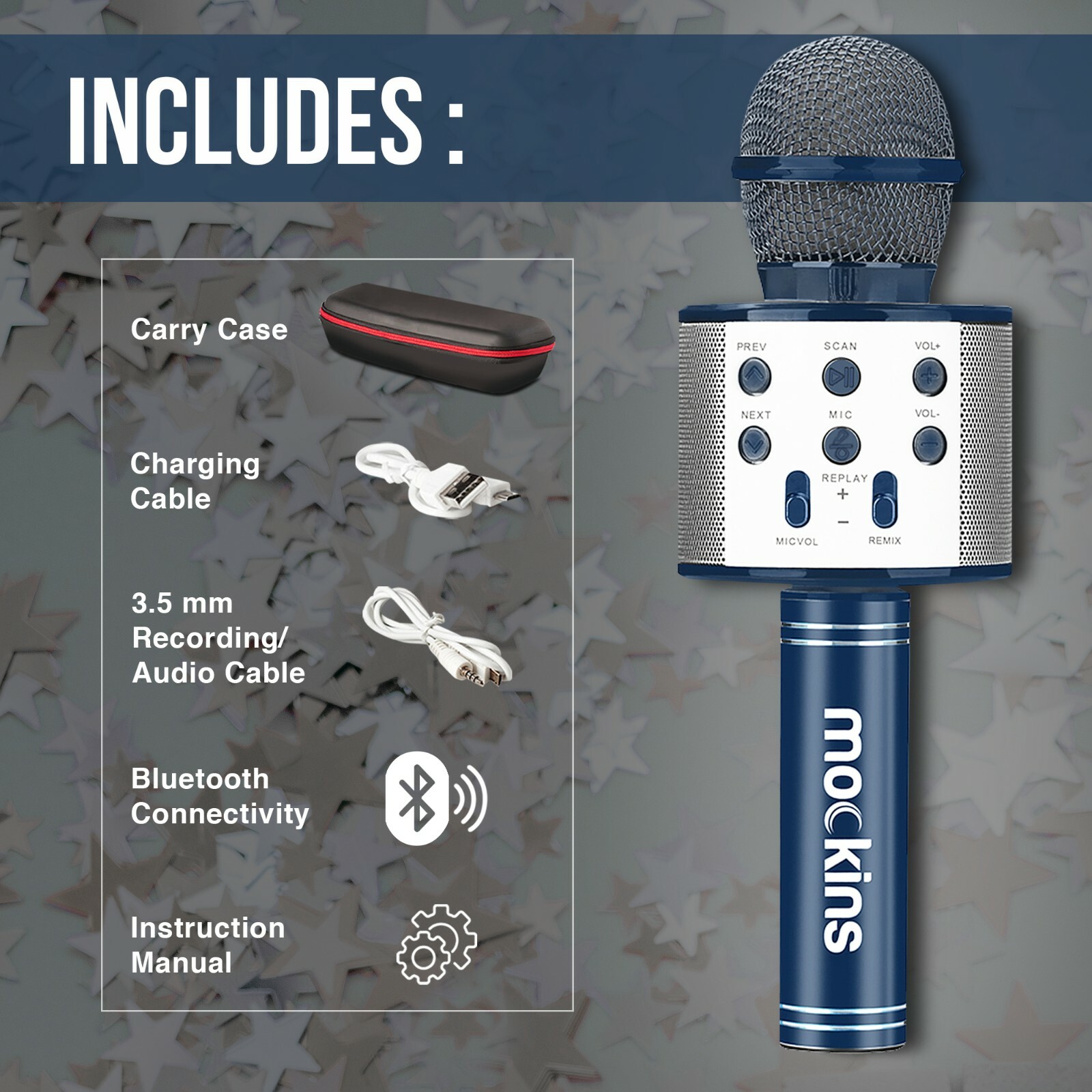 Mockins Wireless Bluetooth Karaoke Microphone, Navy, Holiday Gift kids