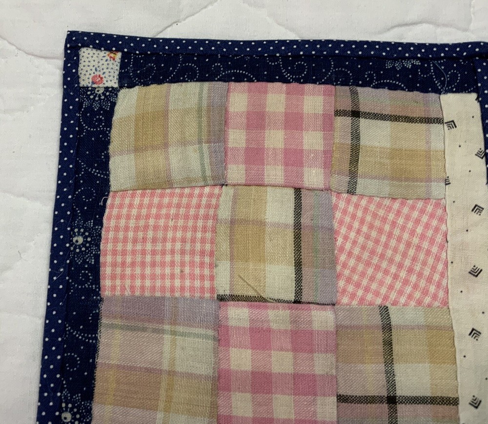 Antique Vintage Patchwork Quilt Table Topper, Nine Patch, Early, Pink, Multi