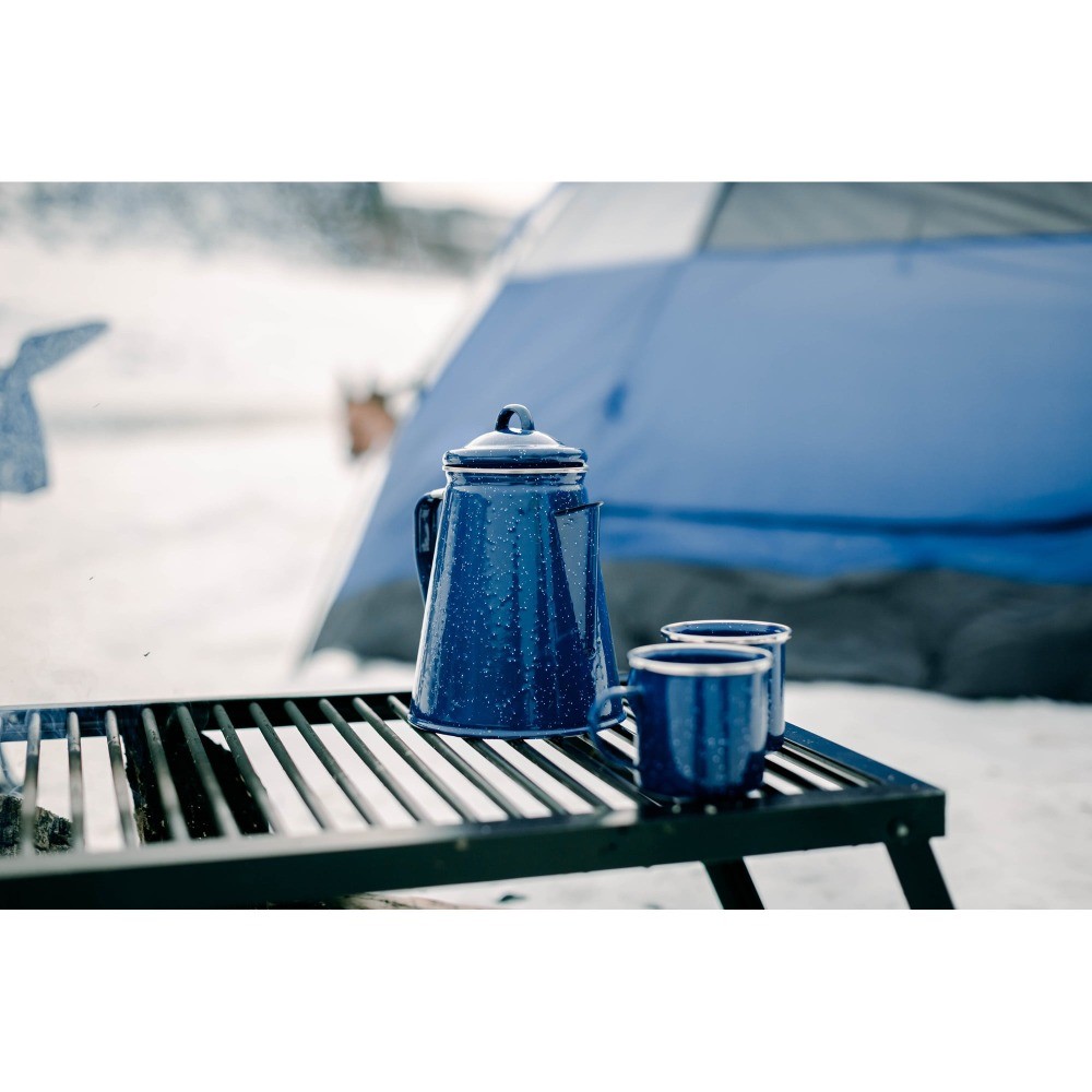 Enamel Percolator Coffee Pot & 4 Mug Set - Blue