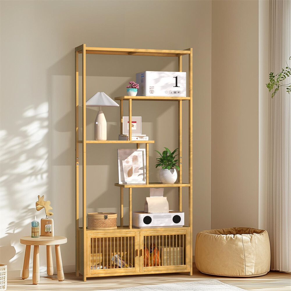 Bamboo 6-tier Storage Rack Blind Door Cabinet Staggered Shelf Etagere Bookcase