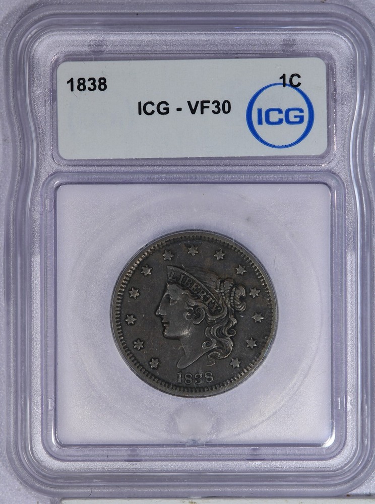 1838 Coronet Head Large Cent 1c ICG VF30
