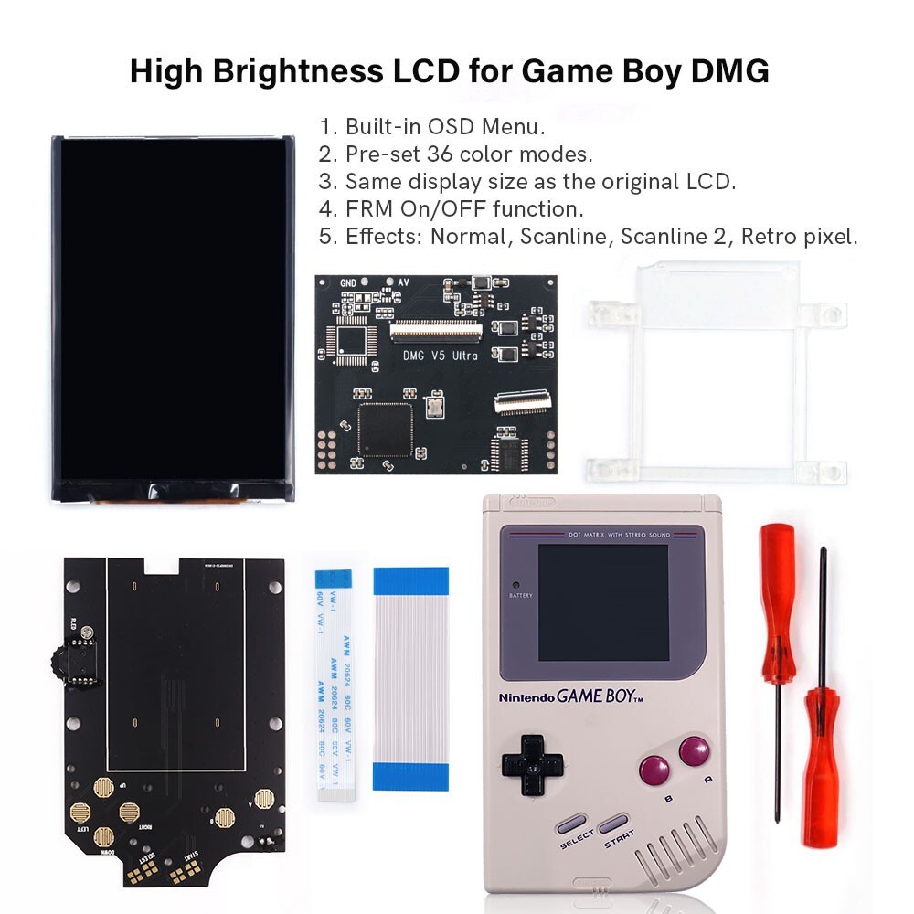 GB DMG V5 Pro OSD Menu Full Size RIPS Backlight LCD For GameBoy DMG Console