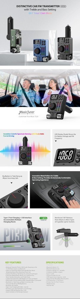 Wireless Bluetooth 5.3 FM Transmitter Radio Adapter USB Ports Car Fast Charger