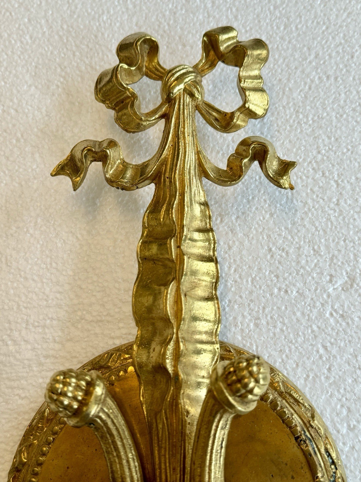 PAIR Antique French Gilt Brass Rope Bow Tassels Wall Sconce Candelabras A1