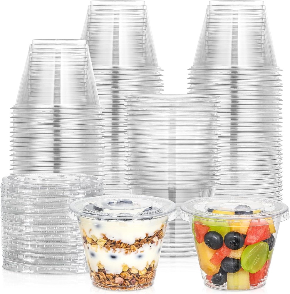 100 Sets, Clear Plastic Cups With Flat Lids No Hole, Disposable