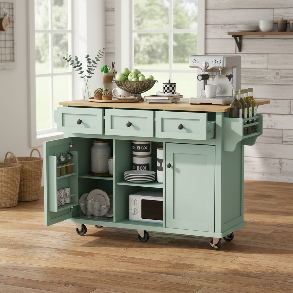 Homy Casa Java 53" Rolling Kitchen Island with Drop Leaf Rubberwood Top and Stor