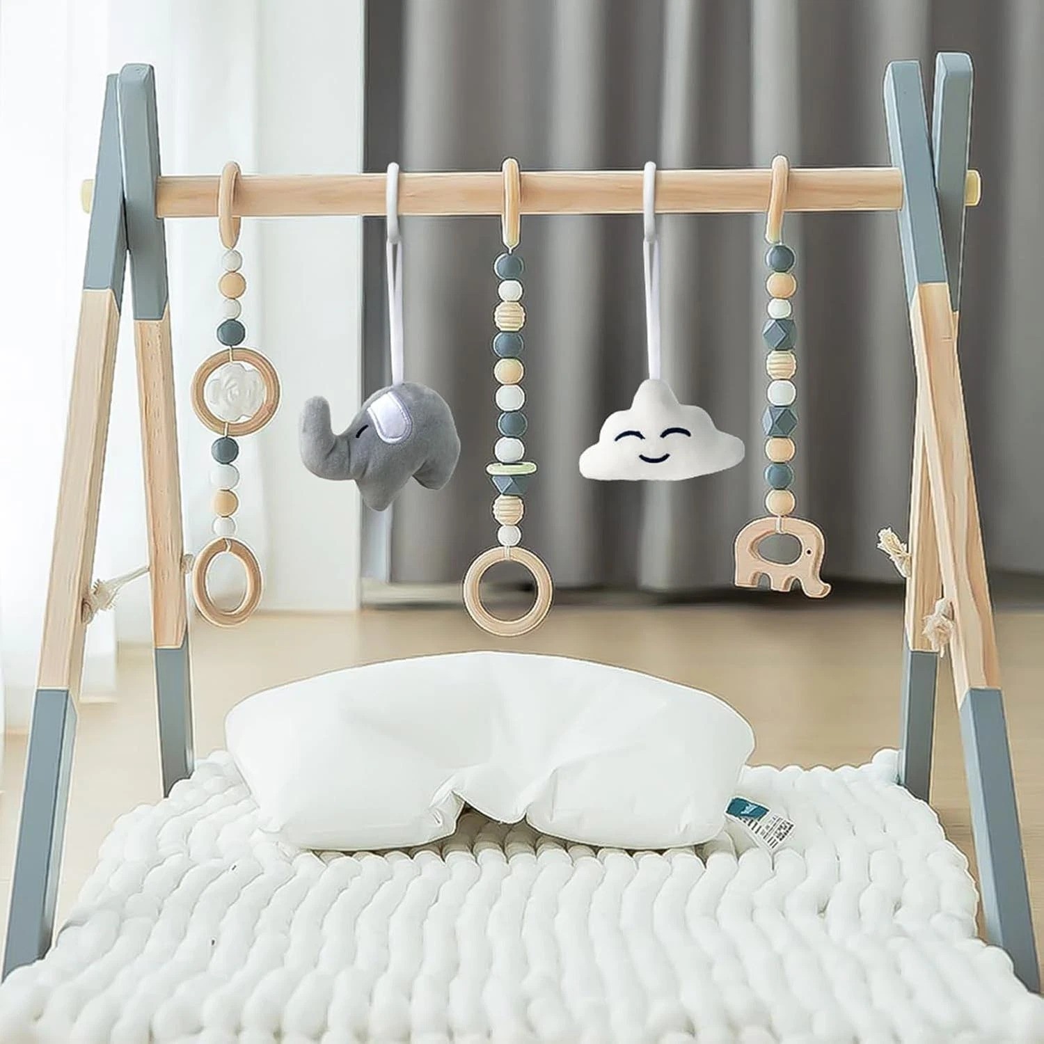 Natural Wooden Baby Play Gym: Foldable Activity Frame with 5 Stimulating Toys
