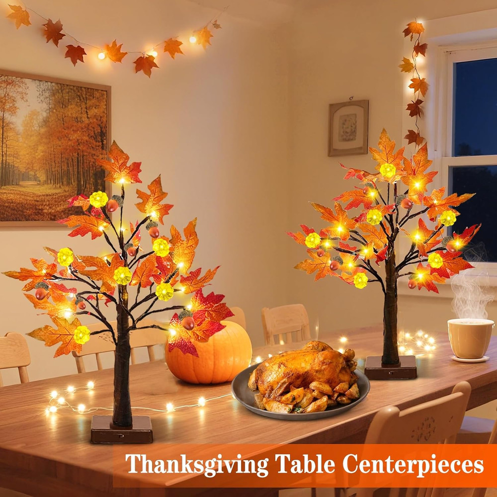 Thanksgiving Fall Decor-2 Pack 24 Inch Prelit Fall Maple Tree 48Leds Timer Acorn