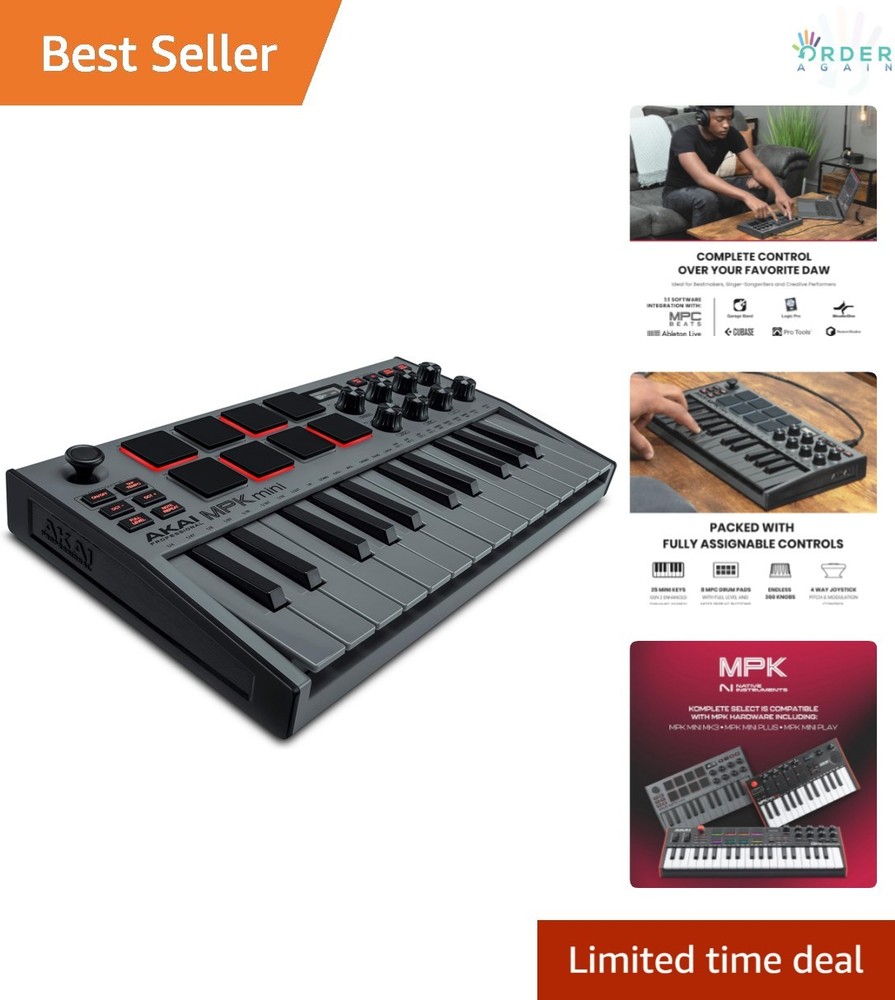 25-Key USB MIDI Controller Compact Backlit Drum Pads Knobs Music Studio