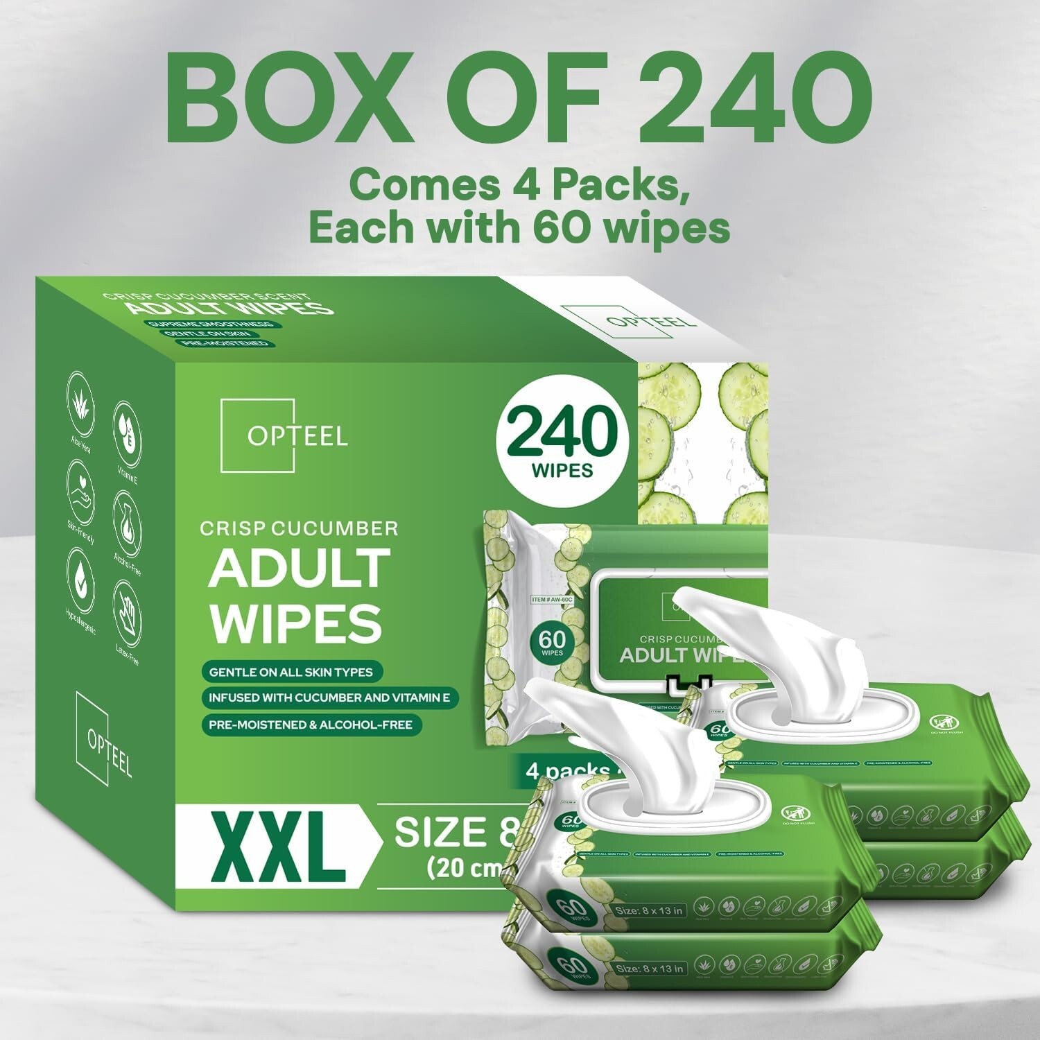 Adult Wipes For Elderly Softly Scented - 8x13" 240ct (4 Packs of 60)