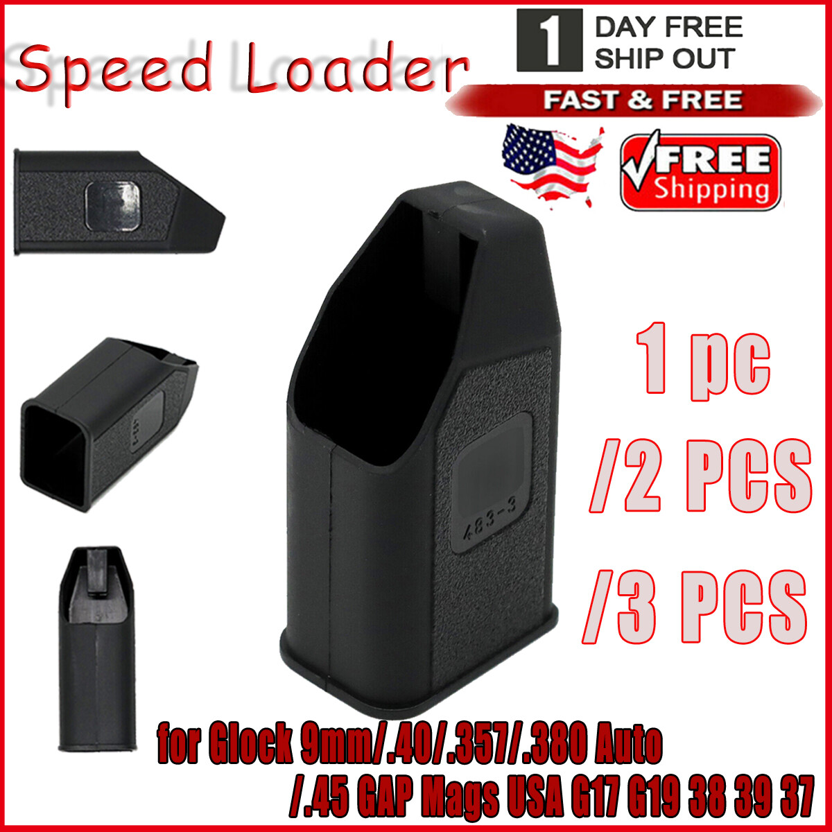 for Glock 9mm/.40/.357/.380 Auto/.45 GAP Mags USA G17 G19 38 39 37 Speed Loader