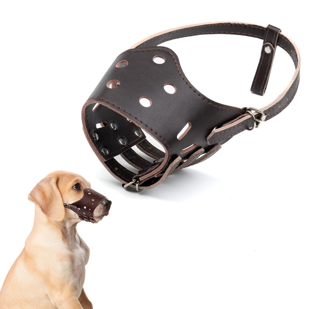 Wagably Brown Leather Muzzle for Dogs - Secure Basket - Large,