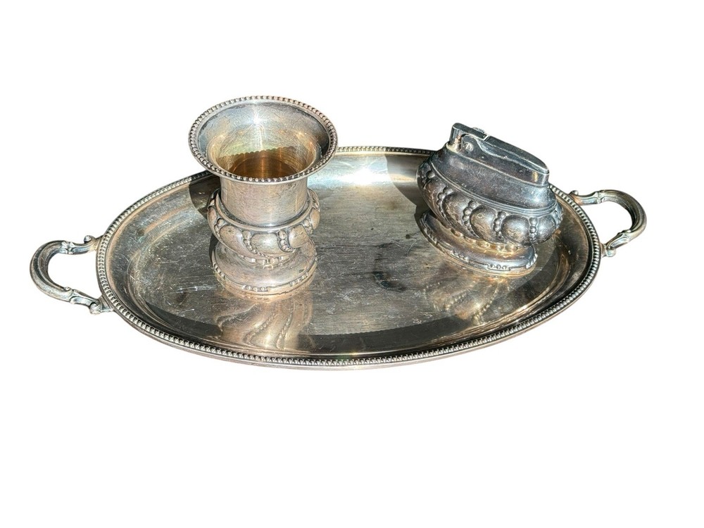 3pc Ronson CROWN Set with Tray, Lighter & Cigarette Holder Silverplate ~ U.S.A.