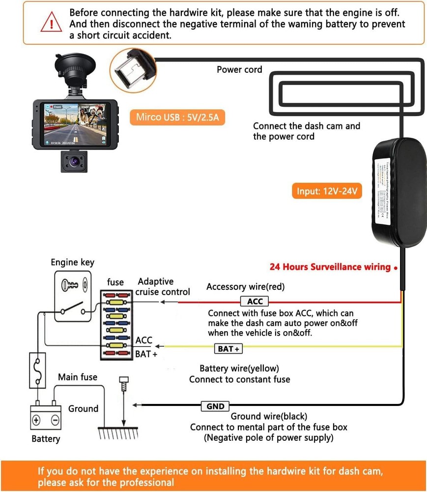 Dash Cam Hardwire Kit Mini USB Low Voltage Protection