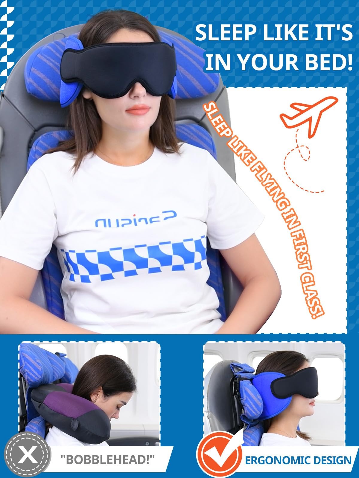Travel Pillow for Airplanes with Head Strap & Eye Mask, 360° Support Headrest