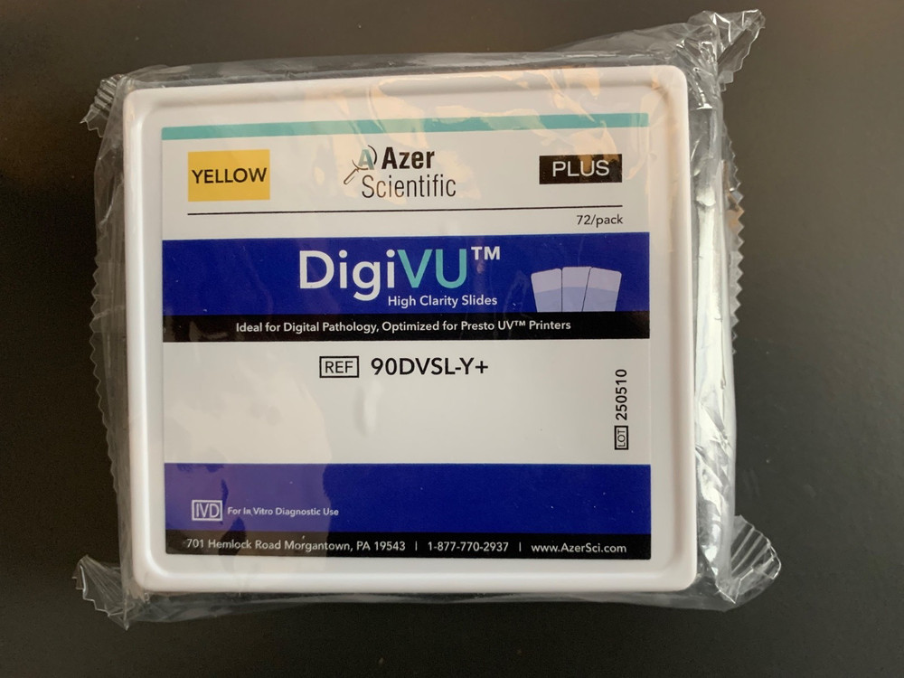 DigiVU Microscope Slides, 90 Degree Corner, Adhesion Plus. Yellow. 72 Per Pack.