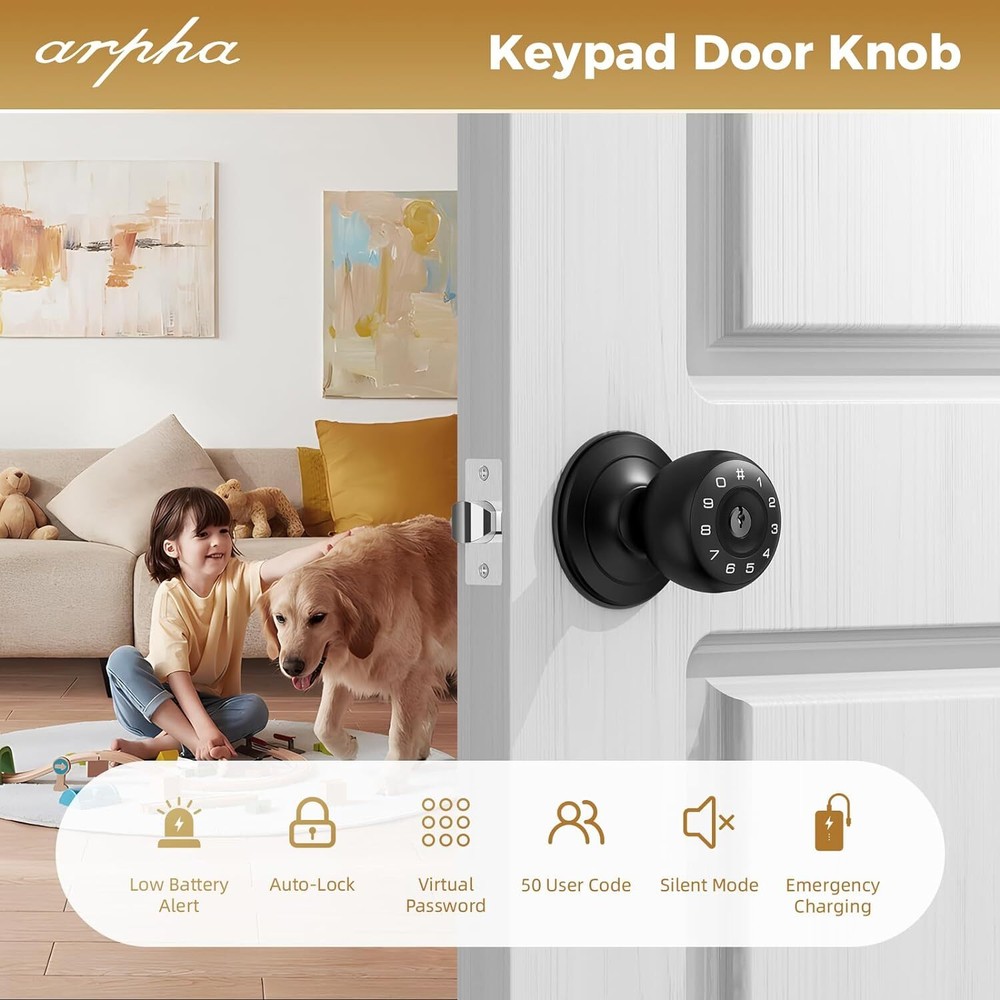 ARPHA Keypad Door Knob 50 Code Keyless Entry Anti-Peeping Password Handle