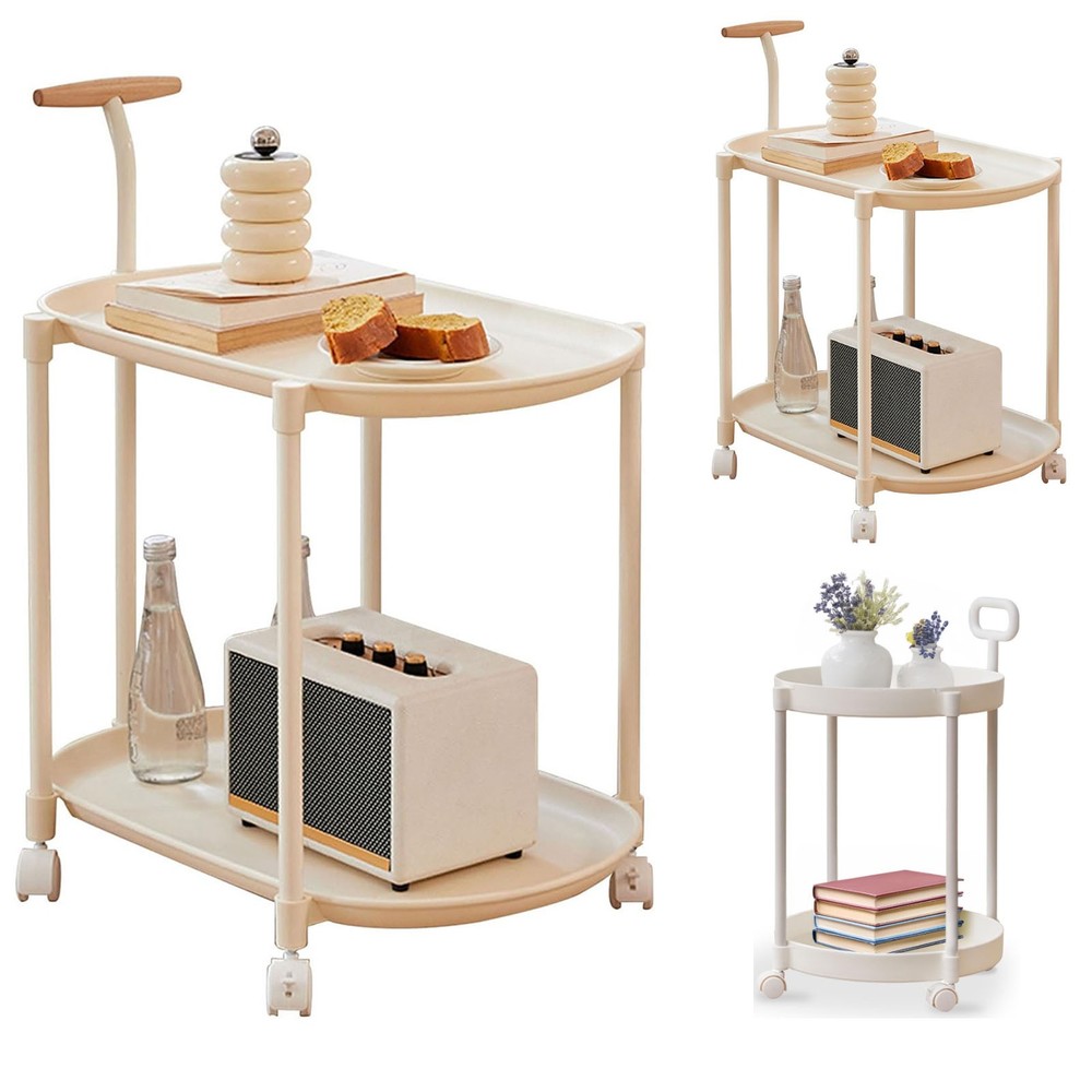 2-Tier Plastic Rolling Utility Cart + Handle Coffee Side Table Couch End Table