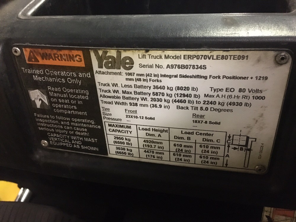 2018 Yale 7000 LB Solid Pneumatic Electric Forklift With SS/FP