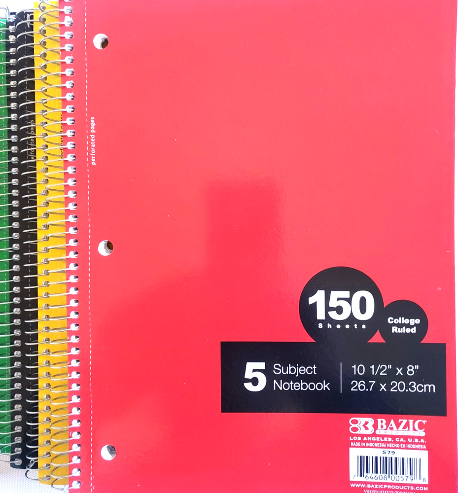 Spiral Notebook College Rules 5 Subjects 150 Sheets