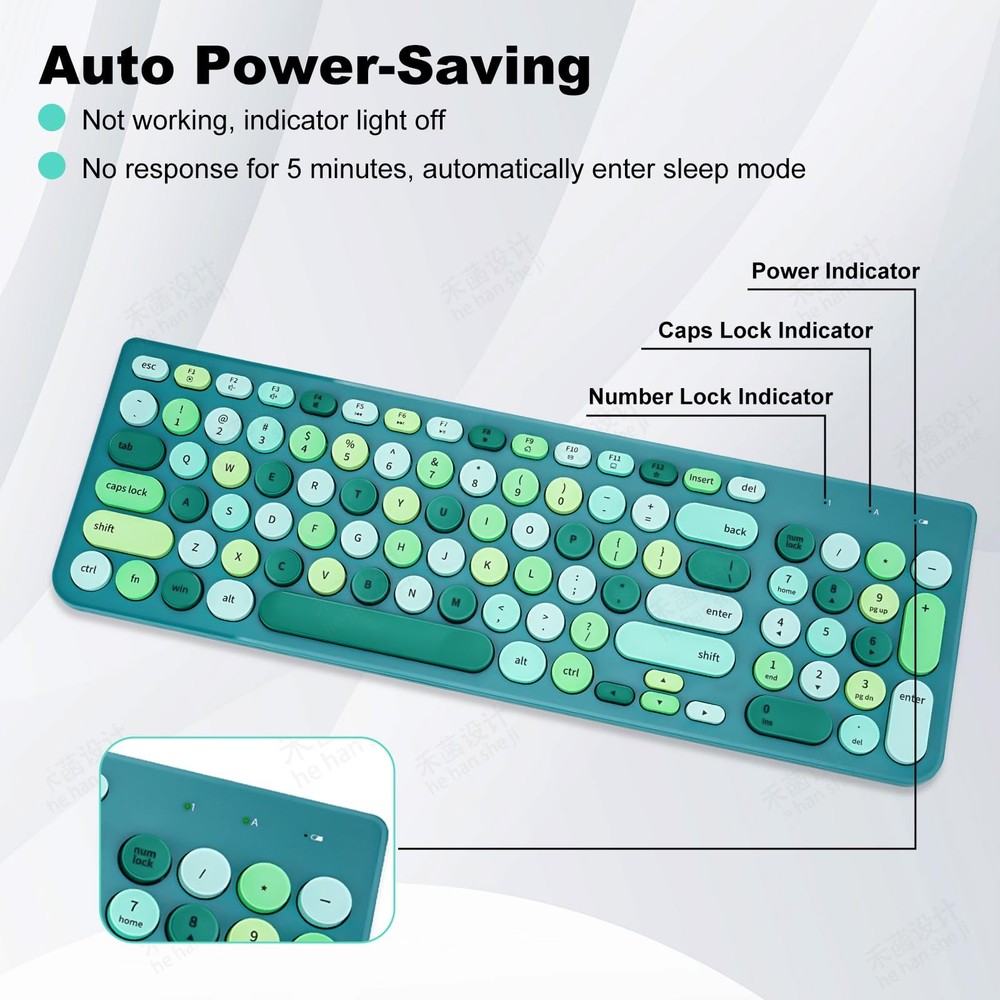 Wireless Keyboard and Mouse Combo Retro Typewriter Keyboard with Round Keycap...