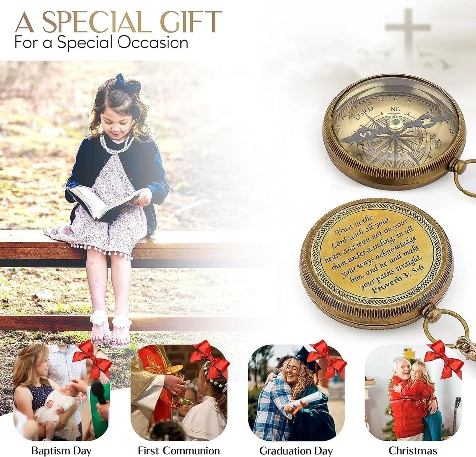 Brass Compass Gift with Display Box - Engraved Scripture Prayer Compass Relig...