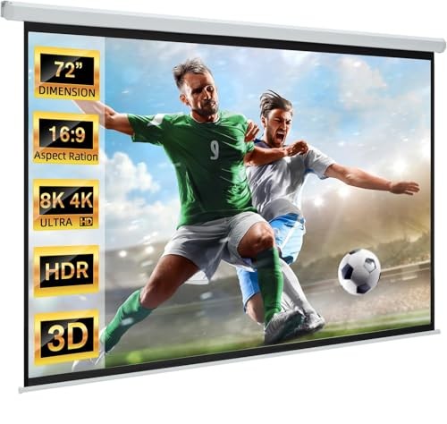 72" Projector Screen Motorized 16:9, 4K HD Pull Down Retractable Projection