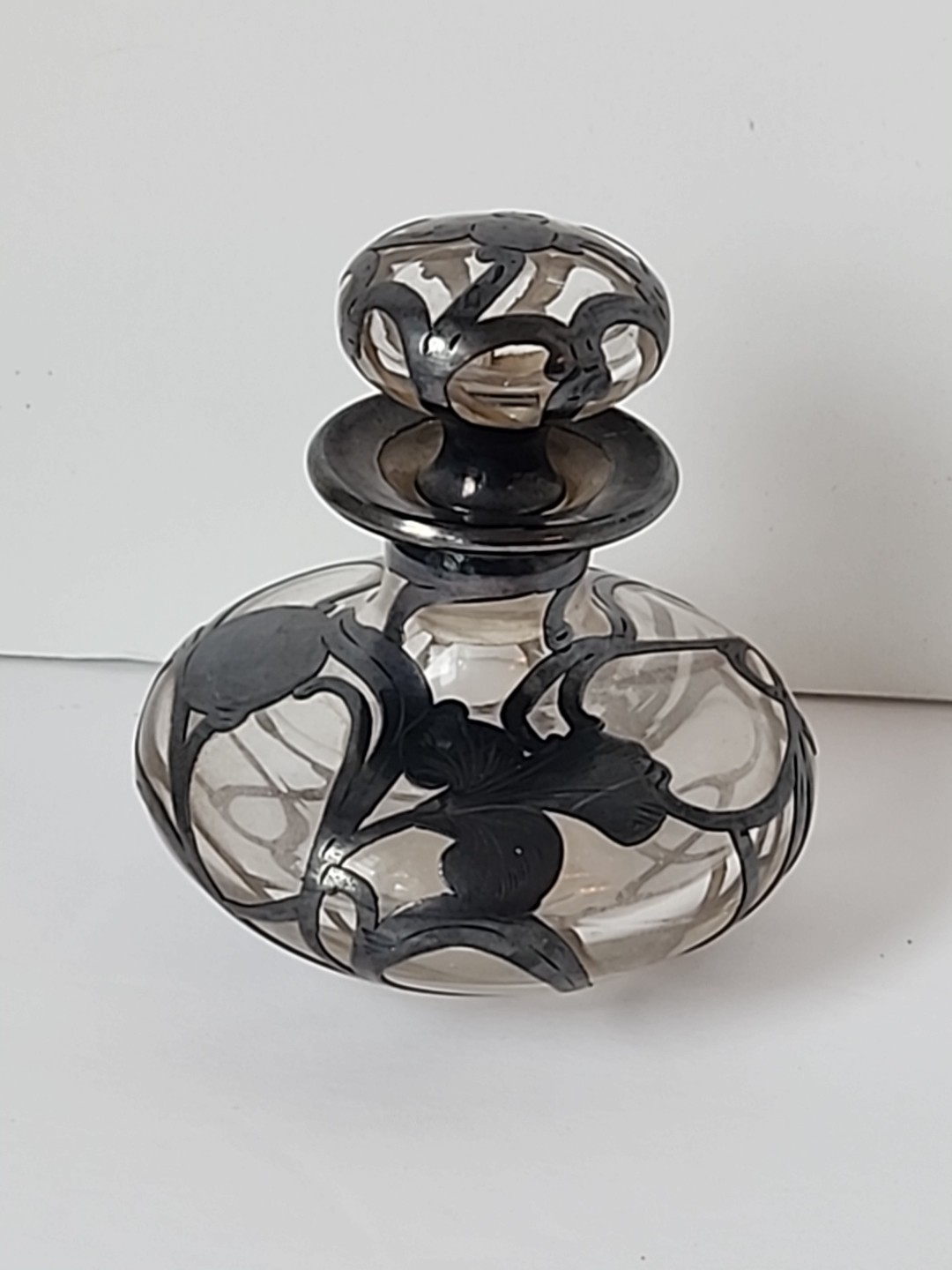 Antique Sterling Silver Overlay Art Nouveau Perfume Bottle Iris Flower READ