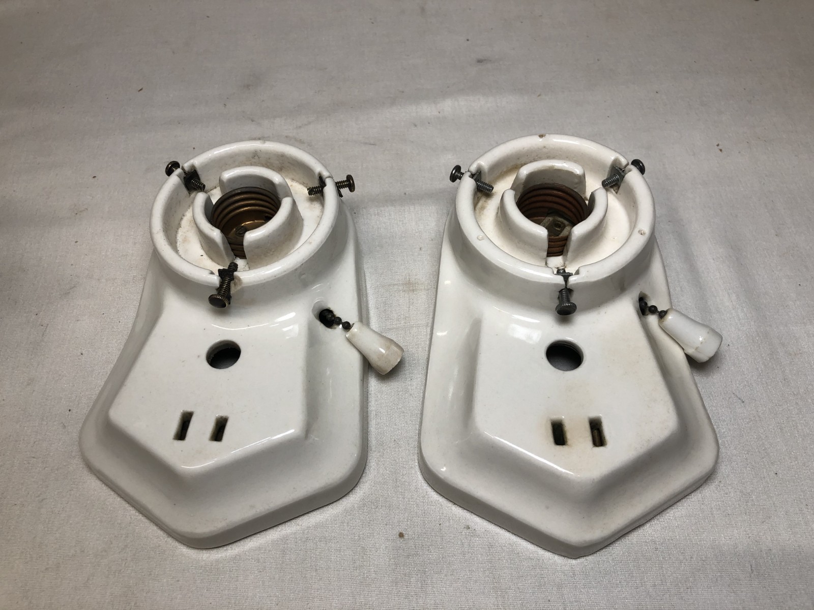 Antique Porcelain Wall Sconce Pair Vtg Light Fixture Ceramic Bath Art USA #L24
