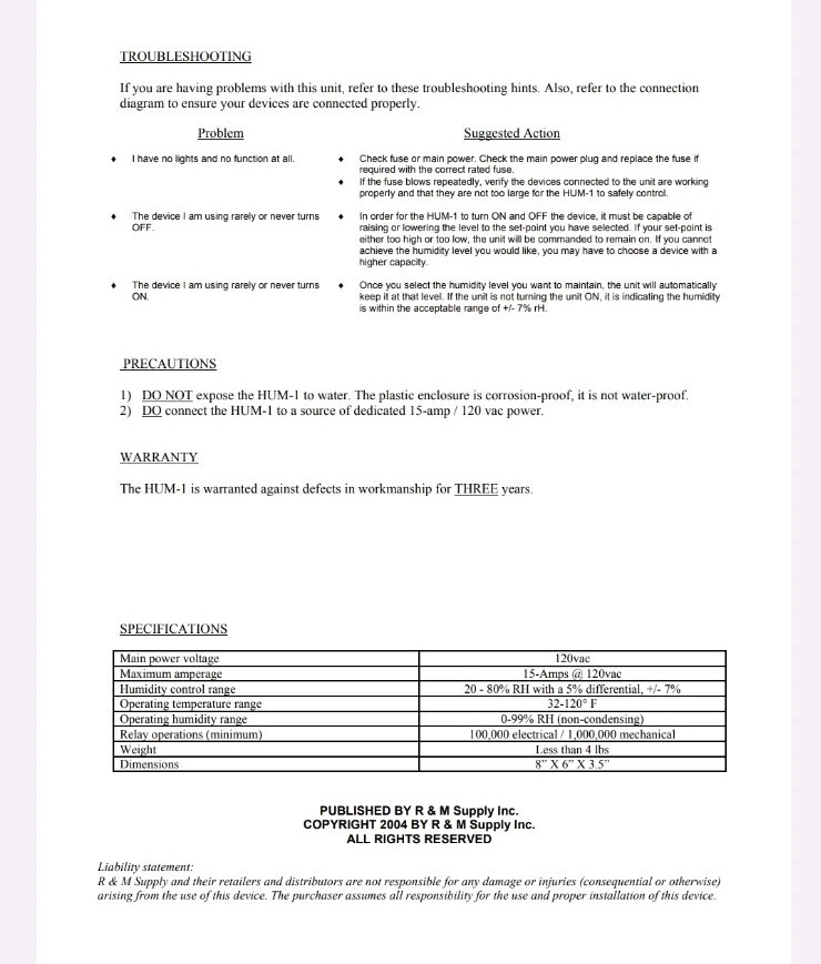 C.A.P HUM-1 Humidity Controller - 2 AC Outlets - Open Box - NICE - NEW!