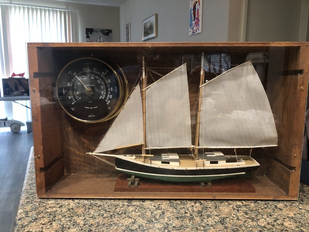 Scale Model Sailboat and Brass Wind Speed Instrument Shadow Box