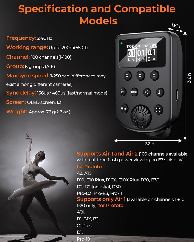 OLED Wireless Flash Trigger for Profoto Air1 Air2 System,Compatible with A1X B1X