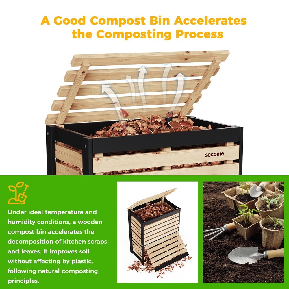 95 Gallon Solid Wood Composter, Outdoor Compost Bin with Pull-Out Door, Large...