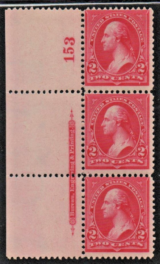 (1) US Sc #267; VF-OG-NH IMPRINT & PLATE # (153) STRIP OF 3