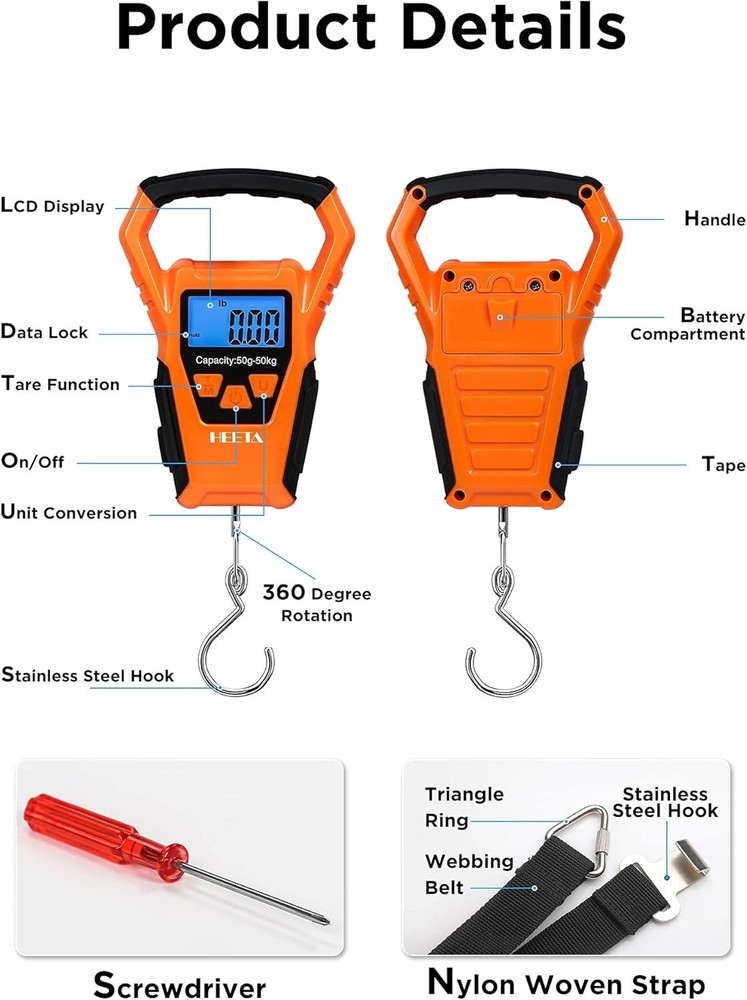 Portable Waterproof Fish Scale with Backlit LCD & Tare Functionality - 110lb