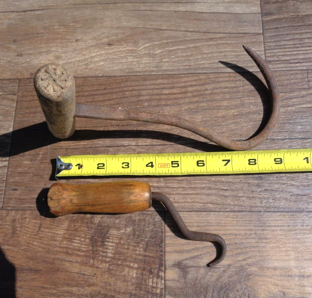 2 - Vintage Wood Handle Hay Hook Tools Rustic Primitive Display Tools