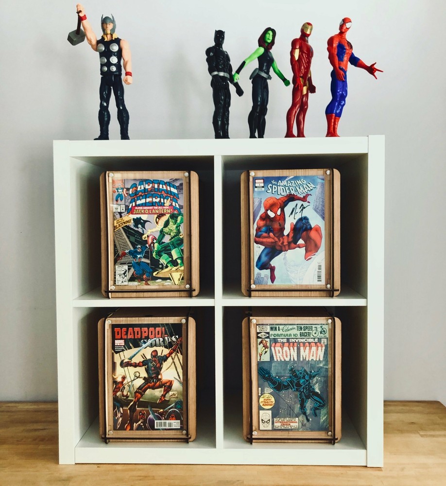 Three Comic Book Storage Boxes With Acrylic Display Frames