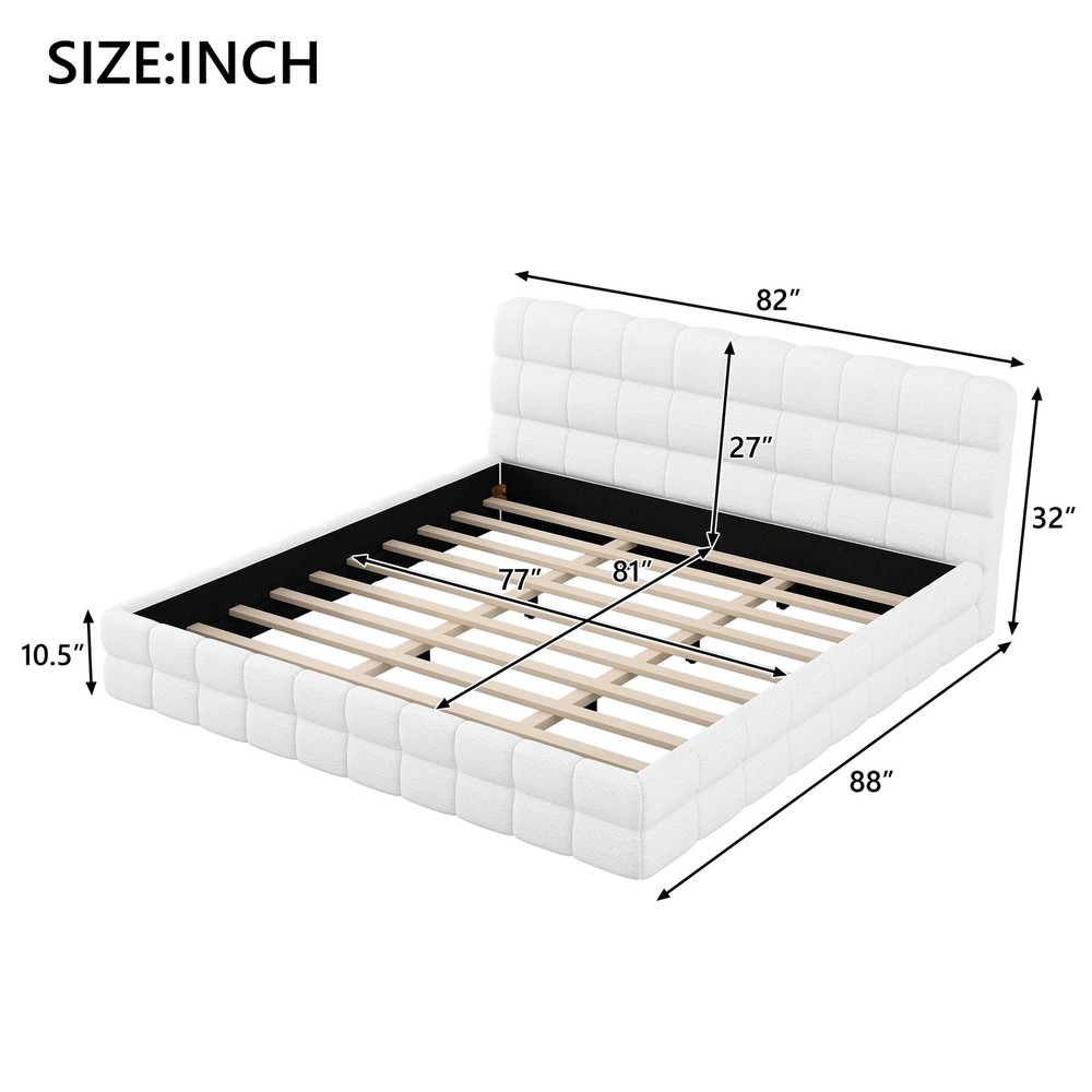 King Size Upholstered Platform Bed, White