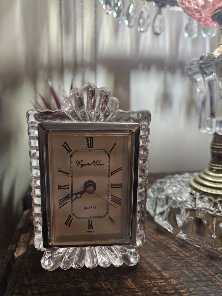 Crystal Clear Glass Desk Clock Quartz Battery Roman Numerals Rectangular