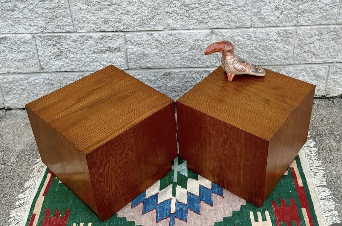 Pair of Walnut Mid Century Modern Cube Shape Side End Tables Plinth Base